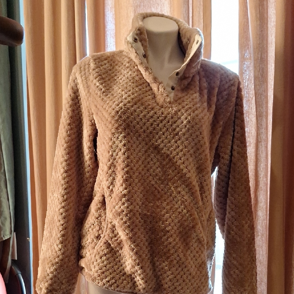 Eddie Bauer Beige Teddy Bear Fleece 1/4 Button Pullover Jacket Medium
